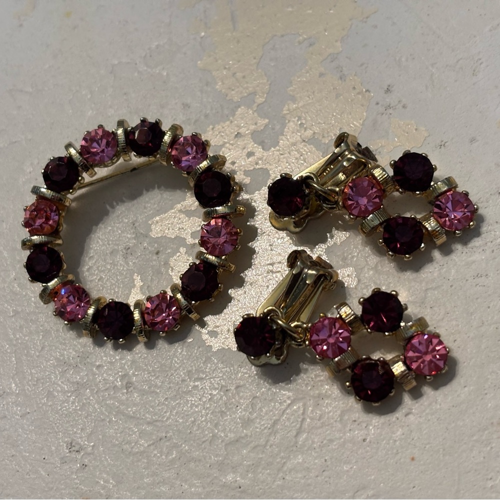 Vintage Camelot Purple & Pink Rhinestone Clip on Earrings & Brooch